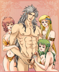 3girls blonde_hair breasts chameleon_june eagle_marin female gemini_saga green_hair human light-skinned_female light_skin long_hair male mona_sleep ophiuchus_shaina saint_seiya shounen_jump