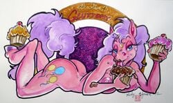 anthro ass cupcake cutie_mark earth_pony equine female female_only food friendship_is_magic fur hair licking lying mammal my_little_pony nude on_front pink_fur pinkie_pie_(mlp) pony purple_hair solo straight_hair tagme tail vicky_wyman