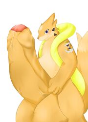 anthro blue_eyes blush color cum floatzel fur furry hyper hyper_penis looking_at_viewer male male_only orange_fur pokemon pokemon_dppt precum smile solo tattoo veiny_penis white_background zax_(artist)