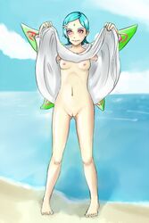 1girls acperience barefoot beach dress_lift eureka eureka_seven fairy_wings female female_only green_hair purple_eyes solo tagme