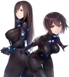 2_bodysuits 2girls ass black_bodysuit bodysuit breasts gantz gantz_suit looking_at_viewer multiple_females shimohira_reika skin_tight taishi_(picchiridou) thigh_gap yamasaki_anzu