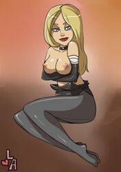 bandage black_canary blonde_hair blue_eyes breasts choker crossed_arms dc dinah_lance earth_16 elbow_gloves female gloves green_arrow_(series) long_hair lust_(artist) nipples pantyhose topless young_justice young_justice_(cartoon)