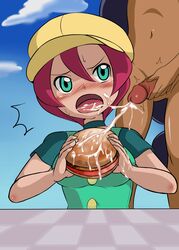 annoyed burger color cum cum_on_food female food front_view futanari georgia_(pokemon) human intersex iris_(pokemon) langley_(pokemon) pokemon refuto