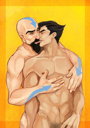 2boys abs age_difference air_nomad airbender_tattoo avatar_legends bald bara black_hair bolin closed_eyes digital_media_(artwork) eyes_closed facial_hair from_behind gay goatee human human_only kissing male male/male male_focus male_only multiple_boys multiple_males muscle muscles muscular muscular_male naked nickelodeon nude nude_male older_male puberty pubes pubic_hair smooth_skin standing tattoo tenzin the_legend_of_korra thick_eyebrows yellow_background