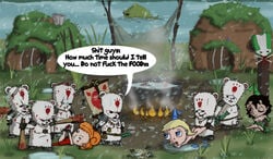 3girls bear_(castle_crashers) blood blue_princess_(castle_crashers) bound breasts castle_crashers club cum dialogue english_text erect_penis female green_princess_(castle_crashers) male meme mrak nipples nude nudity pedobear penis princess pubic_hair red_princess_(castle_crashers) severed_head sideboob straight tagme tied_up tongue_out