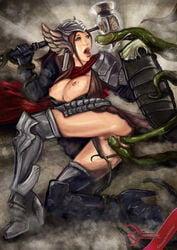 antumbrae brown_hair cum cum_on_breasts double_penetration fiona_(mabinogi) hammer helmet high_heels melee_weapon nipples penetration shield tentacles vindictus war_hammer weapon