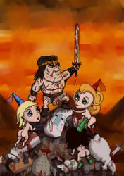 3girls abs ass big_ass blood blue_knight blue_princess_(castle_crashers) breasts castle_crashers conan conan_the_barbarian_(series) corpse crossover dat_ass female gore green_knight green_princess male mrak muscles nipples nude nudity orange_knight red_knight_(castle_crashers) red_princess sideboob sword tagme