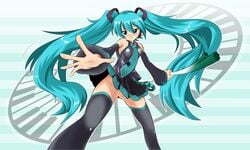 1girls 2d artist_request bangs bare_shoulders black_skirt black_sleeves black_thighhighs blue_eyes blue_hair blue_necktie blush collared_shirt color detached_sleeves eyebrows_visible_through_hair eyes_visible_through_hair female female_only grey_shirt hair hatsune_miku holding_object leek light-skinned_female light_skin long_hair necktie no_panties partially_clothed pleated_skirt shirt skirt sleeveless sleeveless_shirt sleeves solo thighhighs twintails vocaloid