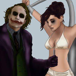 1boy 1girls armpit armpits batman_(series) bondage closed_eyes dc_comics domination female femsub forced knife maggie_gyllenhaal male maledom melee_weapon rachel_dawes spread_arms standing submissive tagme the_dark_knight the_joker underwear weapon