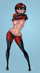 1girls areola armwear auburn_hair belly_button big_breasts big_hips big_nipples blush breasts caught clothing disney elastigirl eyewear female footwear handwear helen_parr hips kinkyjimmy legwear mask muscle_tone nipples pale-skinned_female pale_skin perky_breasts pixar plump_labia puffy_areola pussy pussy_bulge short_hair skintight small_waist solo_female spandex straight_hair superhero_costume_change superheroine taking_clothes_off the_incredibles thighs wide_eyed wide_hips