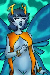 1girls aranea_serket blue_hair blue_lips blue_skin bracelet breasts clothing covered_breasts female female_only glasses homestuck horns ms_paint_adventures open_mouth pussy short_hair small_breasts solo teal_background troll uncensored white_eyes wings