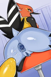 ahe_gao anthro anthrofied anus ass avian beak bird black_eyes blue_anus blue_background blue_pussy blush bottomless breasts buttplug chair constricted_pupils curtains female fletchinder from_behind furry furry_only gaping highres huge_ass indoors looking_up medium_breasts nintendo no_humans open_mouth personification pokémon_(species) pokemon pokemon_(species) pussy rolling_eyes shadowill shiny_skin shirt shirt_lift simple_background sleeveless_shirt solo spread_anus spread_legs tail uncensored yellow_shirt