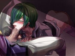 2boys arc_system_works blazblue blowjob gay green_hair hazama relius_clover tagme yaoi yellow_eyes