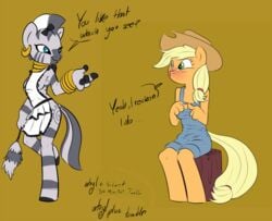 2girls applejack_(mlp) apron atryl blush earth_pony equine female female_only friendship_is_magic fur interspecies multiple_females my_little_pony overalls pony siden smooth_skin tagme zecora_(mlp)