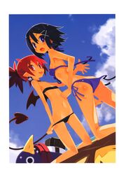 1boy 2girls asagi_asagiri beach black_hair blue_eyes disgaea etna flat_chest harada_takehito hero_prinny light-skinned_female nippon_ichi_software official_art prinny prinny:_can_i_really_be_the_hero? red_eyes red_hair small_breasts swimsuit tagme