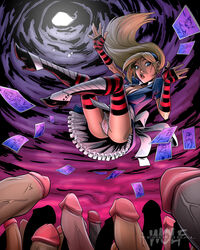 1girls alice_in_wonderland alice_liddell blonde_hair blue_eyes boots breasts cleavage color dress falling female gloves high_heel_boots multiple_penises panties penis playing_card temporalwolf thighhighs upskirt white_panties