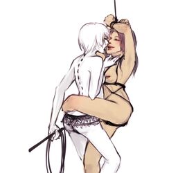 bdsm chell glados guavi lesbian portal_(series) restrained tagme whip white_background yuri