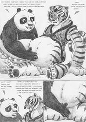 1boy 1girls anthro belly bottomless clothing comic fingering furry interspecies kung_fu_panda master_tigress monochrome navel panda po pregnant pussy sketch spread_legs tail tiger