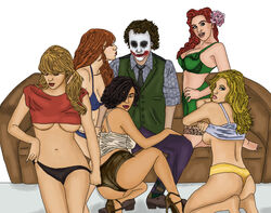 1boy 2d 5girls barbara_gordon batgirl batman_(series) big_breasts blonde_hair blue_clothing bra breasts brown_hair bulge catwoman cleavage clothed_male color dc_comics facepaint female flower flower_in_hair footwear green_clothing hair hair_ornament harem harley_quinn heels human imminent_kiss joker kissing kneeling lips lipstick long_hair looking_at_viewer looking_back looking_back_at_viewer makeup male milf mother multiple_girls necktie neckwear nipple_bulge on_couch panties poison_ivy red_hair red_lipstick selina_kyle shoes short_hair short_hair_female side_view sitting small_breasts sofa straight tagme talia_al_ghul the_dark_knight the_dark_knight_rises twintails underwear undressing vest white_background yellow_clothing