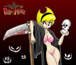 1girls aged_up bikini blonde_hair cartoon_network casual cleavage curvy female goth grim hourglass_figure human jago81co mandy mandy_(billy_and_mandy) navel no_nose outerwear pale_skin scythe tagme the_grim_adventures_of_billy_and_mandy weapon