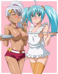 2girls bakugan_battle_brawlers blue_hair bottomless bottomless_female breasts chocolate_and_vanilla female_only green_eyes innie_pussy julie_makimoto large_breasts legwear lowtech-city maid_uniform multiple_girls naked_apron navel nipples orange_legwear pale_skin pink_hair ponytail pussy runo_misaki_(bakugan) simple_background tagme tanned_skin topless topless_female twintails