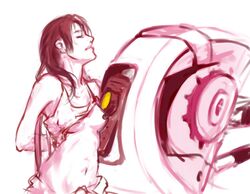 breasts chair chell clothing glados guavi lesbian looking_pleasured nipples portal_(series) restrained robot robot_girl tied_to_chair undressing white_background yuri