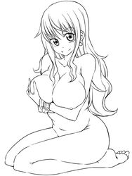 barefoot breasts female female_only hanya_(hanya_yashiki) kneeling line_art logpose nami nipples nude one_piece post-timeskip smile