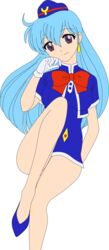 absurdres aqua_hair breasts female female hat highres hips legs long_hair miniskirt no_panties photoshop purple_eyes short_dress smile solo stewardess tenjouin_katsura thighs vector_trace yat_anshin_uchuu_ryokou