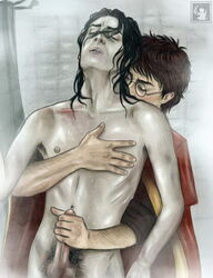 2boys anastasiamantihora black_hair brown_hair closed_eyes clothed_male_nude_male cmnm erect_nipples gay glasses grey_skin gryffindor hand_on_chest handjob harry_james_potter harry_potter j.k.rowling kissing_neck looking_pleasured male male_only multiple_boys multiple_males pubic_hair reach_around severus_snape shower slytherin stroking_cock tagme yaoi