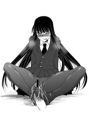 amano_issui black_hair censored cum feet female footjob footjob_with_legwear formal houkago_play long_hair male monochrome necktie pantyhose penis sitting suit tie tongue tongue_out yellow_eyes