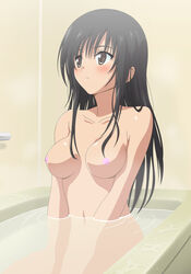 1girls bare_shoulders bath black_hair blush breasts brown_eyes collarbone female high_resolution kotegawa_yui long_hair nipples nude small_breasts small_nipples solo to_love-ru toshi5765 toshi_(anime_coloring) water