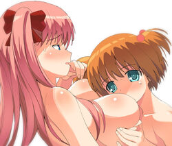 a1 aqua_eyes blue_eyes bow breast_sucking breasts brown_hair female hairbow haramura_nodoka kataoka_yuuki large_breasts long_hair multiple_girls pink_hair saki short_hair topless yuri