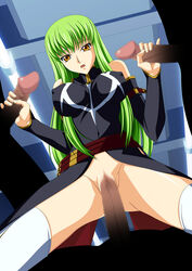 brown_eyes c.c. censored code_geass detached_sleeves female footwear gangbang green_hair group_sex highres long_hair male penis pussy sex socks thighhighs vaginal_penetration