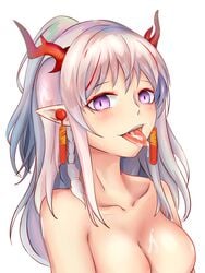 :d absurdres arknights bangs blush braid breasts chinese_commentary collarbone commentary_request cum cum_in_mouth cum_on_body cum_on_breasts cum_on_tongue cum_on_upper_body eyebrows_visible_through_hair female half_updo highres horns long_hair looking_at_viewer medium_breasts multicolored_hair nian_(arknights) no_nipples nude open_mouth pointy_ears purple_eyes red_hair shuishuishuishui sidelocks silver_hair simple_background smile solo streaked_hair tongue tongue_out upper_body white_background