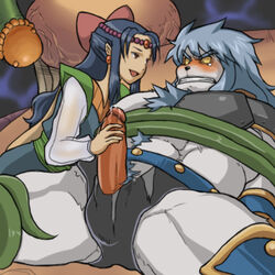 blue_hair blush copyright_request earrings female furry handjob lowres open_mouth source_request straight tears tentacle tentacle_around_leg white_fur yellow_eyes