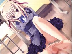 blonde_hair blush censored classroom feet female footjob ikegami_akane penis pussy pussy_juice red_eyes school_uniform seifuku skirt