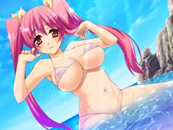 bi-chiku_beach_~nangoku_nyuujoku_satsueikai~ bikini blush breasts cleavage female game_cg hoshizaki_nanami long_hair micro_bikini nipples ocean pink_hair sea see-through source_request swimsuit tied_hair twintails