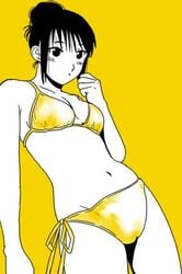 1girls artist_request bikini black_eyes black_hair blush breasts cameltoe cleavage female female_only fullmetal_alchemist hair_bun lan_fan lowres medium_breasts monochrome side-tie_bikini simple_background solo standing swimsuit white_skin yellow_background yellow_bikini