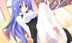 blue_hair censored clothed_female cum cum_on_body cum_on_clothes cum_on_feet cum_on_lower_body cumshot ejaculation feet female footjob footjob_with_legwear game_cg kannagi_rei kujou_ria long_hair male panties penis pussy_juice stockings tears thighhighs twinkle_crusaders underwear white_legwear white_panties white_thighhighs yellow_eyes