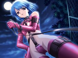 artist_request blue_hair bondage breasts collar dominatrix female femdom from_below himuro_suzune imouto_watashi_donna_koto_datte... leash leashed_pov leather moon night pov purple_eyes small_breasts source_request strap submissive_pov thighhighs uncensored