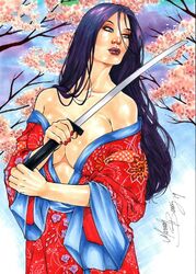 1girls 2019 beige_nipples betsy_braddock big_breasts blue_eyes breasts busty cherry_blossom cherry_blossoms curvaceous curvy dated eapon ed_benes_studio elizabeth_braddock eyeshadow female female_only flower flowers holding_katana holding_sword holding_weapon homo_superior human katana kimono kimono_down kwannon large_breasts long_hair makeup mariah_benes marvel marvel_comics mascara mutant nail_polish nipple_peek nipples nipples_peek partially_exposed_nipples pinup psylocke purple_hair red_lips red_lipstick red_nail_polish red_nails signature solo standing straight_hair superheroine sword telepath tree voluptuous wbetsy_braddock x-men