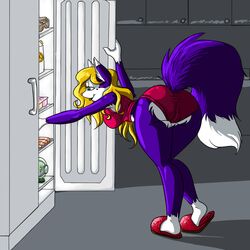 anthro ass ass_up astro astrofenn bent_over blue_fur cameltoe canine closed_legs fluffy_tail fox fridge fur furry panties refrigerator shorts tail underwear