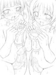 2girls artificial_vagina censored cum erection female futa_with_futa futanari intersex monochrome multiple_girls penis sweat wet