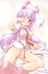 animal_ear belt blush bottomless bunny_ear hands highres long_hair necktie nekogoro no_panties purple_hair pussy pussy_juice red_eyes reisen_udongein_inaba solo touhou uncensored wet_pussy