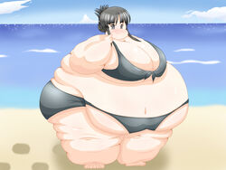 1girls beach bikini black_eyes black_hair blush double_chin eyebrows_visible_through_hair fat female female_only human k-on! mio_akiyama_(k-on!) morbidly_obese morbidly_obese_female navel obese obese_female overweight overweight_female solo swimsuit thong thong_bikini thong_over_belly tied_hair wallpaper
