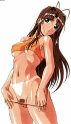 ahoge antenna_hair between_labia bikini bikini_pull breasts brown_eyes brown_hair cameltoe clit_slip clitoris_slip erect_nipples innie_pussy jpeg_artifacts long_hair love_hina narusegawa_naru photoshop pubic_hair simple_background swimsuit tan tanline uncensored underboob watermark yanagi_hirohiko