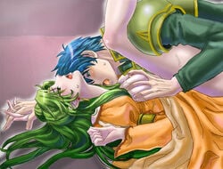 1boy 1girls adoptive_siblings aozora_kyuuji armor blue_hair blush breast_grab clothed_sex dress elincia_ridell_crimea fire_emblem fire_emblem:_path_of_radiance fire_emblem:_radiant_dawn geoffrey_(fire_emblem) grabbing_breasts green_armor green_hair hetero holding_hands interlocked_fingers long_hair open_mouth orange_dress sex