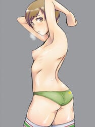 ass blush breasts breath briefs brown_eyes brown_hair clothing em em_(totsuzen_no_hakike) female flat_chest footwear human looking_back nipples panties persona persona_4 ribs satonaka_chie short_hair simple_background sweat thighhighs tomboy topless underwear very_short_hair