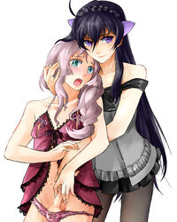 artist_request black_hair blush crossdressing cum female green_eyes grey_hair lingerie long_hair nipples panties pantyhose penis purple_eyes simple_background source_request sweat trap underwear very_long_hair