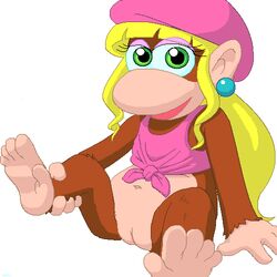 1girls ape beret bottomless brown_fur clothes dixie_kong donkey_kong_(series) edit eyes female female_only fur furry green_eyes hair haplorhine hat kong light_skin long_hair mammal monkey monkey_feet monkey_girl nintendo open_eyes ponytail prehensile_feet primate pussy sitting solo tied_hair uncensored white_background yellow_hair